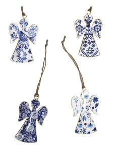 Blue & White Metal Angel Hanging Ornaments – Set of 4 (10cm)