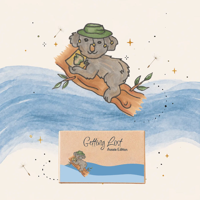 Illustration of a koala on a log with a hat, set against a watercolor landscape with 'Getting Lost' text.
