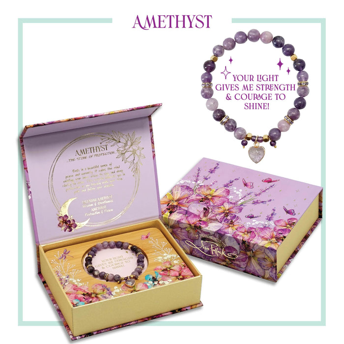 Amethyst Heart Charm Bracelet Set with Bamboo Jewellery Tray