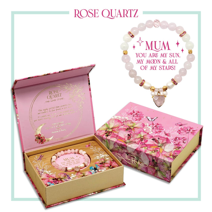 Rose Quartz Heart Charm Bracelet with Bamboo Jewellery Tray - Mum