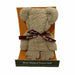 A plush bear-shaped towel gift set in a retail display box. The towel is a light beige/taupe color and is tied with a dark red satin ribbon that reads 'you're Just for me'.