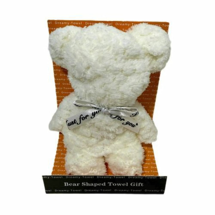 A plush, bear-shaped white towel gift with a silver ribbon tied around its neck, displayed inside its orange cardboard packaging box against a white background.