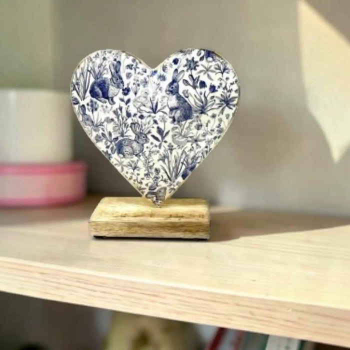Blue Rabbit Metal Heart Ornament on Wooden Base | Floral Country Home Décor - 13x15cm