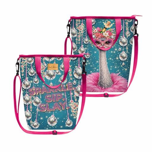 Lisa Pollock insulated champagne cooler bag with colourful ostrich design, disco balls and “Sparkle Sip Slay” print.