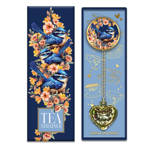 Tea strainer with decorative design featuring birds and flowers on a blue background