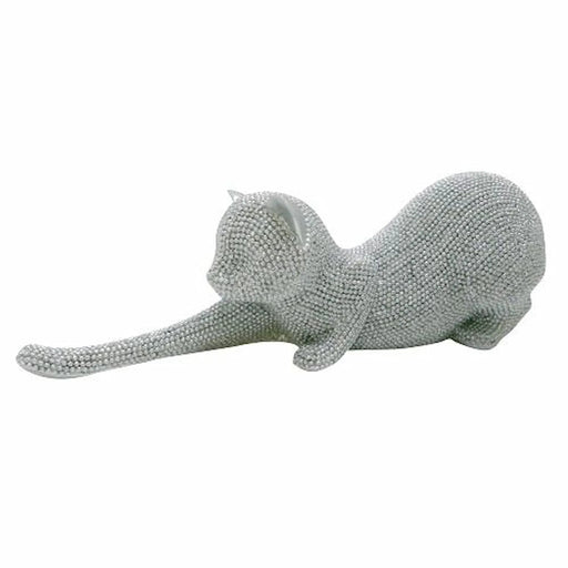 A silver rhinestone-covered figurine of a stretching cat, shown against a plain white background.