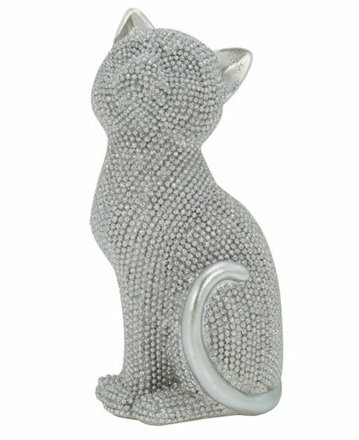 A silver cat figurine covered in small clear rhinestones, shown from a side profile against a plain white background.