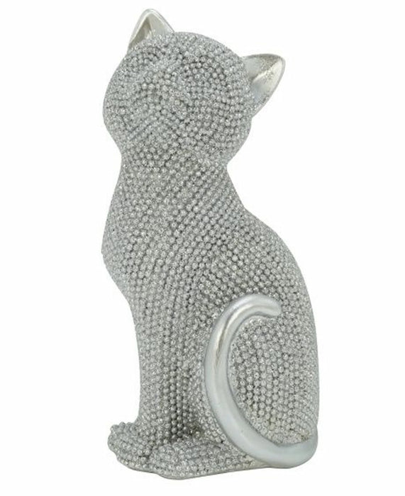 A silver cat figurine covered in small clear rhinestones, shown from a side profile against a plain white background.