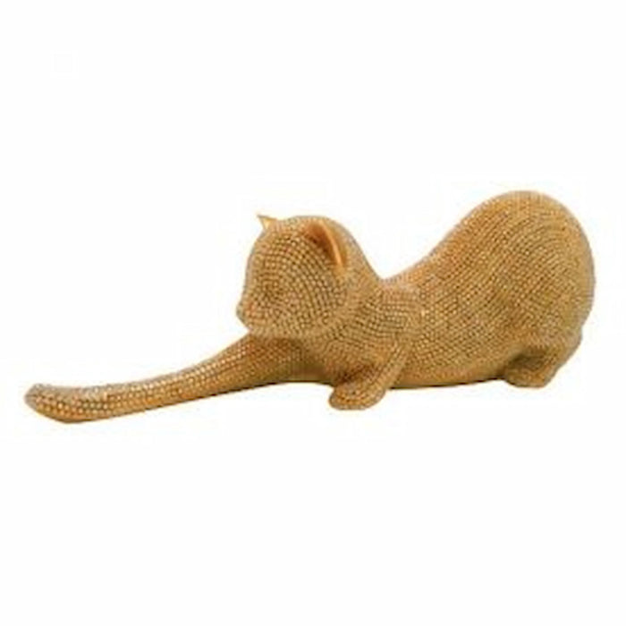 A small cat figurine or decorative sculpture in a crouched position, covered in textured rhinestones in a warm champagne-gold color, set against a plain white background.