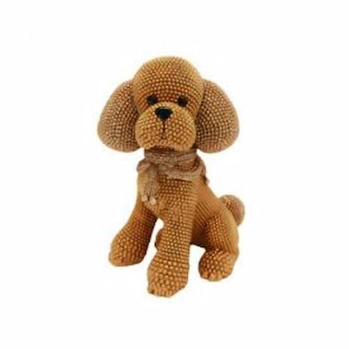 A small brown textured dog toy or plush figure with floppy ears, black eyes and nose, and a small bow around its neck, shown on a plain white background.