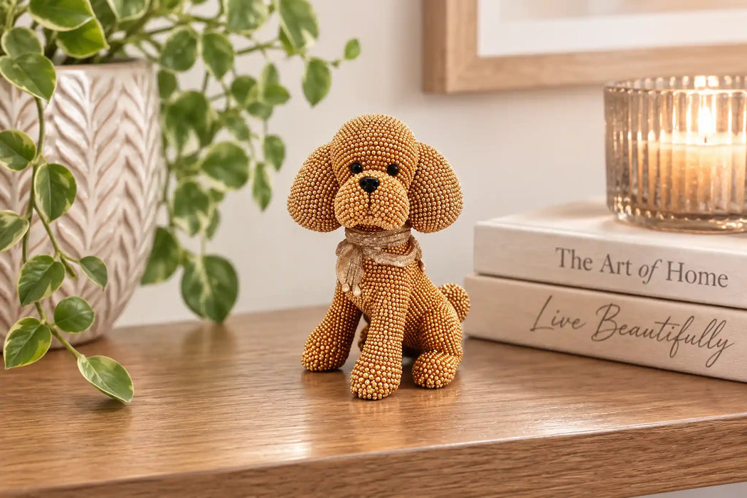 A small plush dog figurine made of gold-toned beads sits on a wooden shelf, styled with a potted plant, books, and a lit candle in a warm indoor setting.