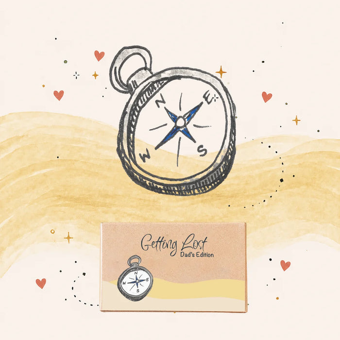 Illustration of a pocket watch with a compass design on a watercolor background with hearts and stars.