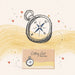 Illustration of a pocket watch with a compass design on a watercolor background with hearts and stars.