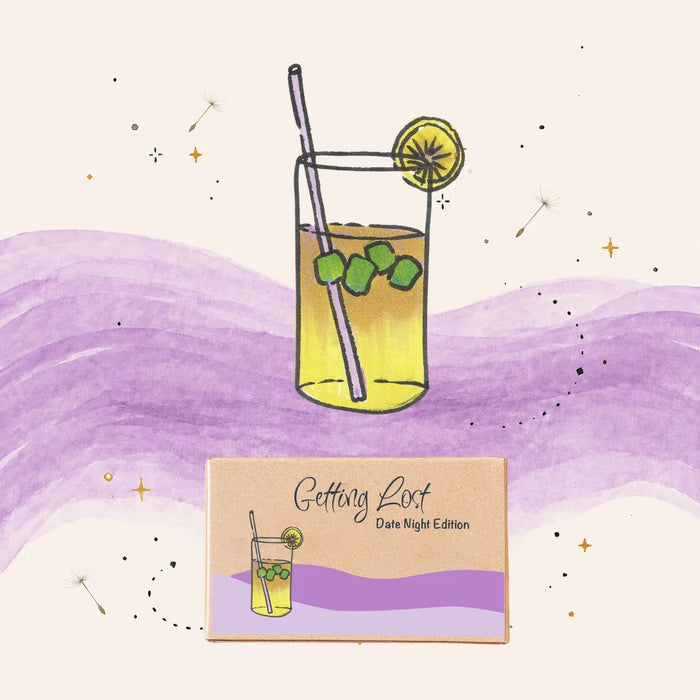Illustration of a cocktail with a straw and lemon slice on a purple and white background, with a card labeled 'Getting Lost Date Night Edition' below.