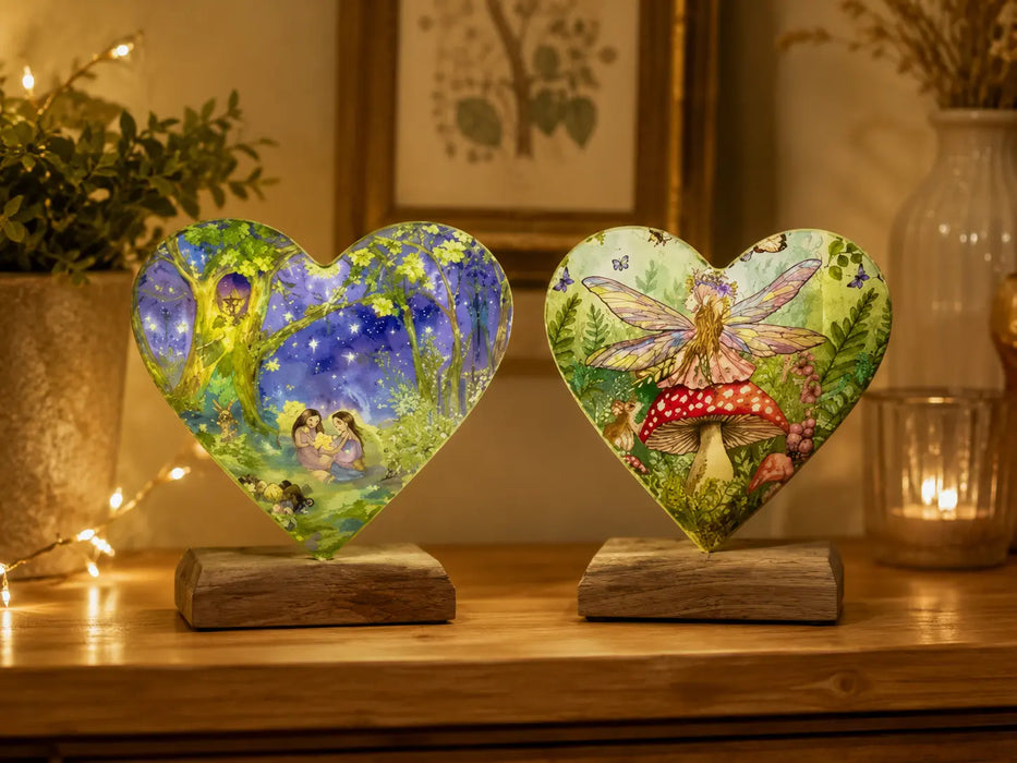 Fairy Heart Wooden Stand Decorations with Mushroom and Forest designs, styled on timber shelf with Fairy Lights