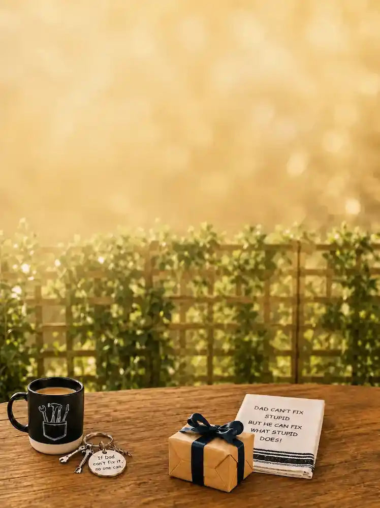 A styled gift scene on a wooden table with a black mug, a wrapped gift box with a navy ribbon, a small round keychain, and a folded card, set against a warm golden bokeh background with greenery and a fence.