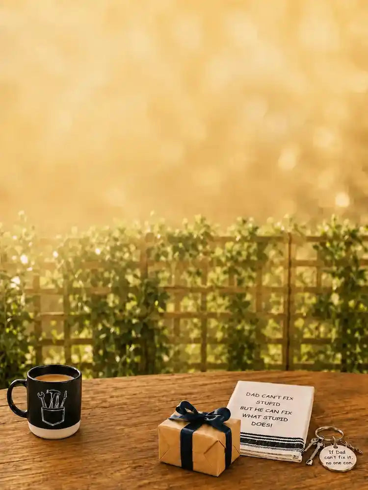 A styled tabletop scene with a black ceramic mug, a small wrapped gift box with a navy ribbon, a stack of folded white towels or napkins with printed text, and a keychain on a wooden surface. The background is a warm golden bokeh with greenery and a fence.