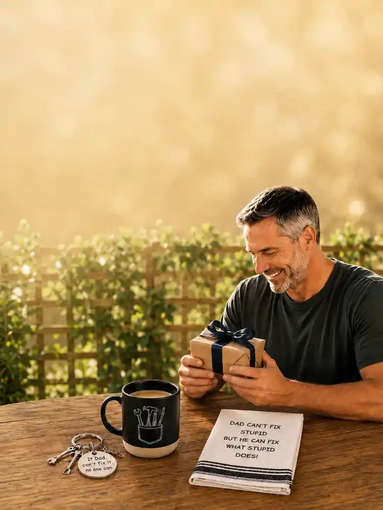 A man sitting at a wooden table outdoors in warm golden light, holding a small gift box tied with a dark ribbon. On the table are a black mug with a white coffee cup graphic and the text 'Dad can't fix STUPID but he can fix what STUPID does!', along with keys and a round keychain.