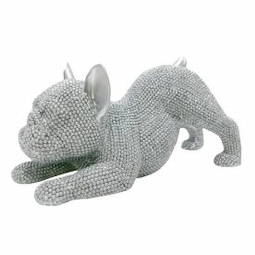 A silver French Bulldog figurine covered in sparkling rhinestones, posed in a crouching position on a plain white background.