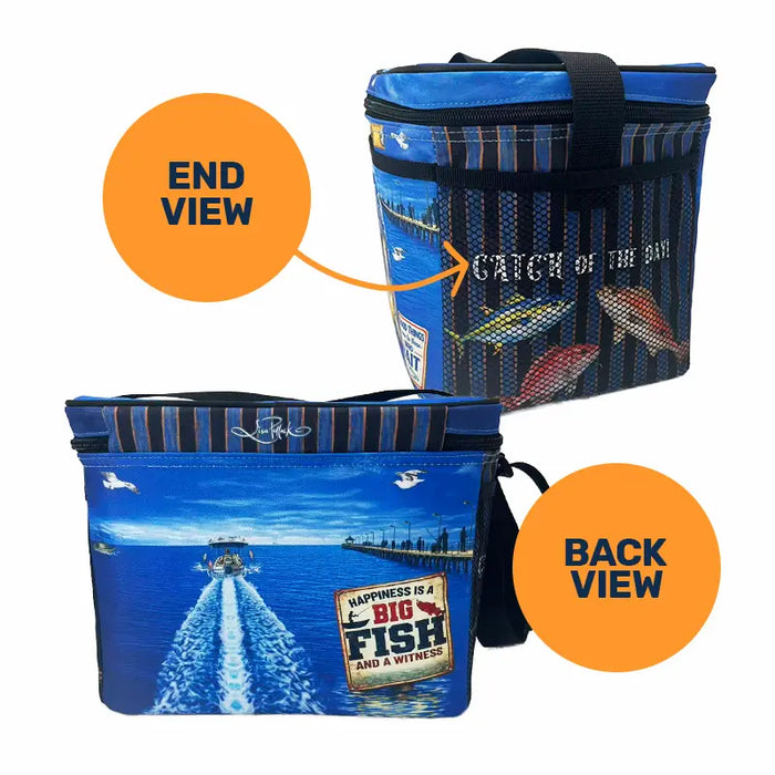 Blue cooler bag with fishing-themed design and text, shown from end and back views.