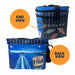 Blue cooler bag with fishing-themed design and text, shown from end and back views.