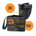 A cooler bag shown from two angles on a white background, with orange callout circles reading END VIEW and BACK VIEW. The bag has a dark camouflage-style exterior and a printed back panel depicting a bar and pool scene.