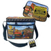 A novelty soft-sided cooler bag with a dark navy strap, featuring a colorful desert construction scene with warning signs and a cartoon dog. The top flap shows a warning sign that reads 'WARNING COLD BEER EVAPORATES HERE' with a hot dog graphic.