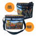 Two views of a cooler bag with a design of a person at a construction site.