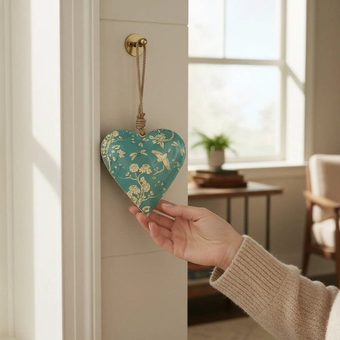 Hand holding a teal floral metal heart decoration hanging on a door hook in a warm home interior