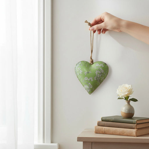 A hand hangs a green heart-shaped wall ornament with a floral pattern and a jute loop from a light-colored wall in a styled room setting with books and a small vase of a white rose.