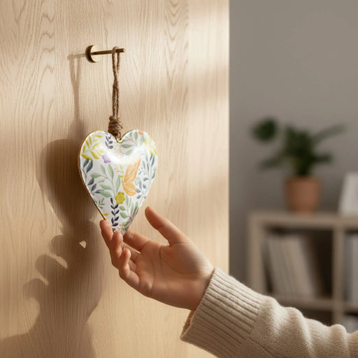 A hand in a beige sweater holds a heart-shaped ceramic ornament with a colorful floral pattern. The ornament hangs from a brass hook on a light wood door, with a softly blurred living room background.