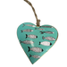 A heart-shaped metal hanging ornament with a turquoise background, decorated with black and white patterned fish, and suspended by a natural twine string.