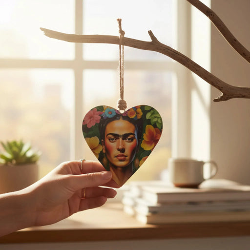 A heart-shaped metal ornament featuring a colorful portrait of Frida Kahlo with flowers in her hair, held by a hand in front of a softly blurred window and branch decor.
