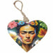Heart-shaped decorative ornament featuring a portrait of Frida Kahlo with colorful flowers around her head, hanging from a natural jute rope loop on a white background.