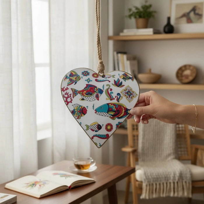Colourful Fish Metal Heart Hanging Ornament – 15cm
