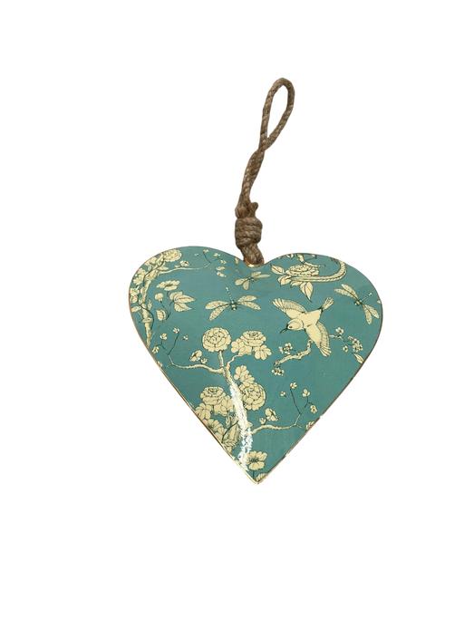 Teal metal heart decoration with cream floral and bird print, hanging from a jute rope loop