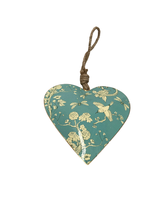Teal metal heart decoration with cream floral and bird print, hanging from a jute rope loop