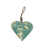 Teal metal heart decoration with cream floral and bird print, hanging from a jute rope loop