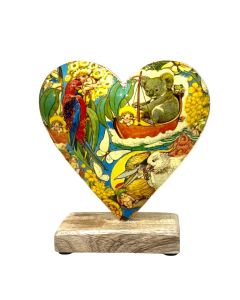 Australiana Metal Heart Ornament on Wooden Base - 13 x 15cm