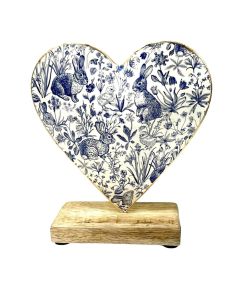 Blue Rabbit Metal Heart Ornament on Wooden Base | Floral Country Home Décor - 13x15cm
