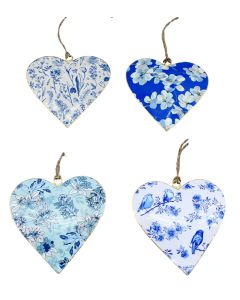 Blue & White Floral Metal Heart Hanging Decorations – Set of 4 (10cm)