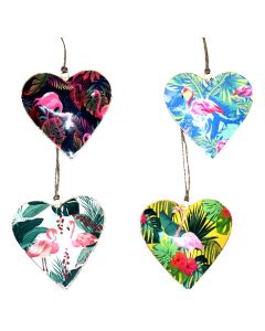 Set of 4 Tropical Flamingo Metal Hanging Hearts – Decorative 10cm Ornament Set