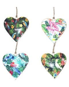 Set of 4 Tropical Bird Metal Hanging Hearts – Colourful Parrot & Rainforest Ornaments