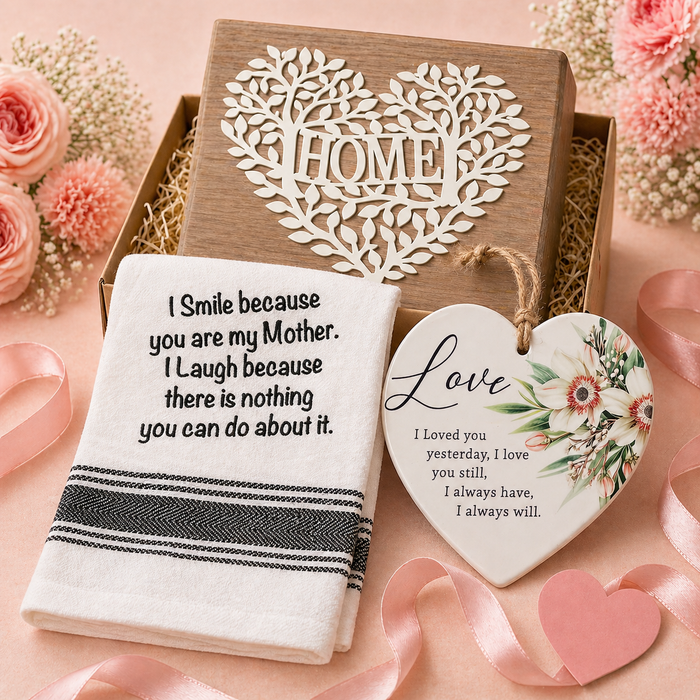 Mum's Keepsake Gift Pack – Home Timber Box, Mum Quote Tea Towel & Love Plaque