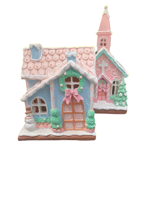 Pastel Gingerbread Village Decorations LED Light Up - Pink or Blue