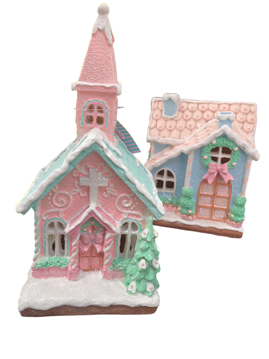 Pastel Gingerbread Village Decorations LED Light Up - Pink or Blue