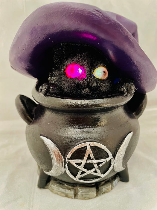 Cat Witch with Light Up Eyes in Cauldron