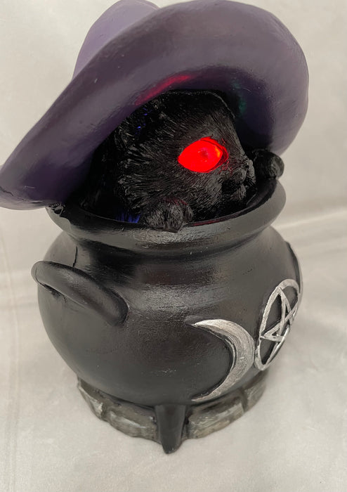 Cat Witch with Light Up Eyes in Cauldron