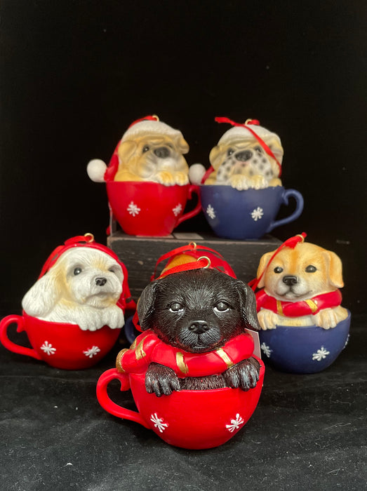 Puppies in a Cup Hanging Christmas Decor 10cm