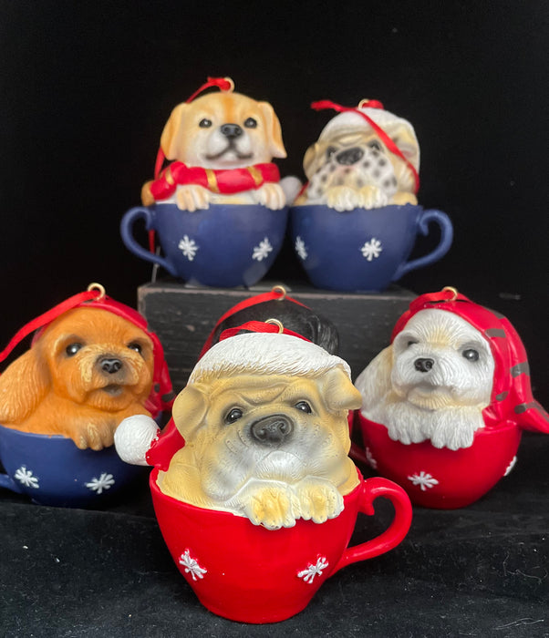 Puppies in a Cup Hanging Christmas Decor 10cm